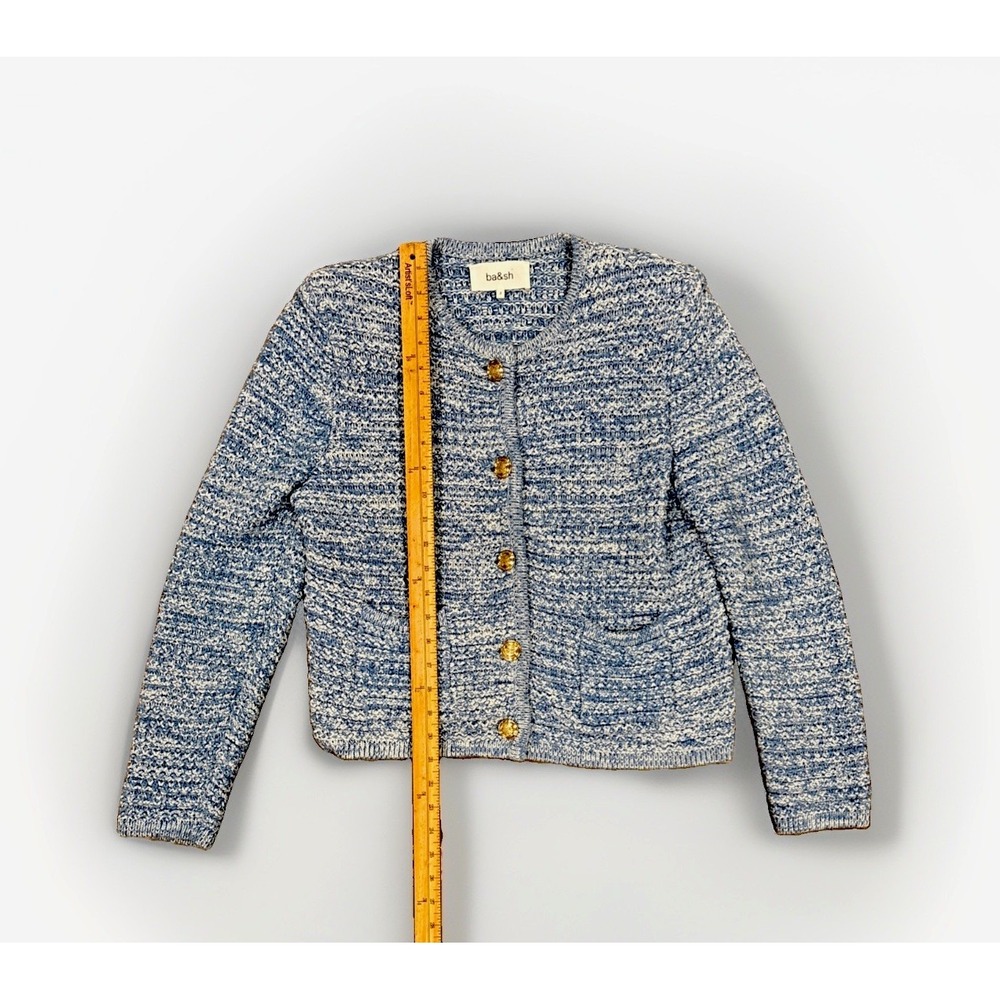 Ba&sh Guspa Cardigan Blue Tweed Knit Jacket Womens Size 2 US 6 Gold Crest Button - Picture 6 of 8
